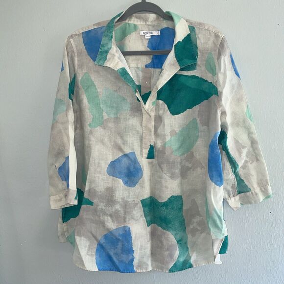 Chicos No Iron Linen Print Button Back Tunic In Harbour Green Sz 2, Large - Picture 1 of 8